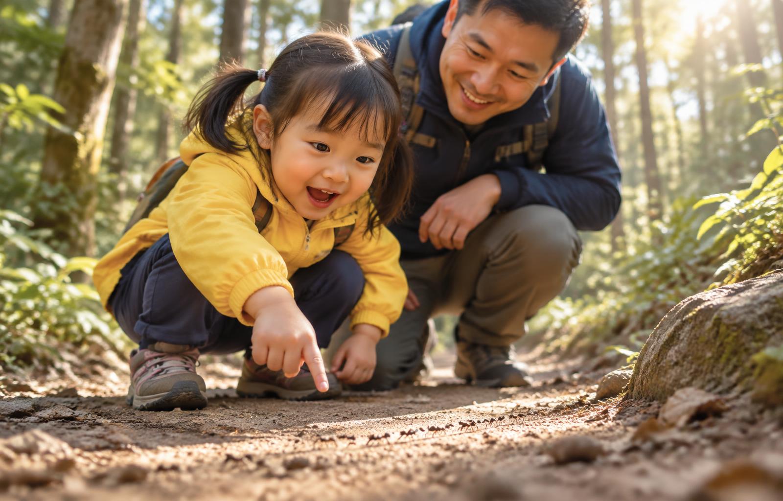 A father and daughter kneeling on a forest trail, the child pointing at a trail of ants