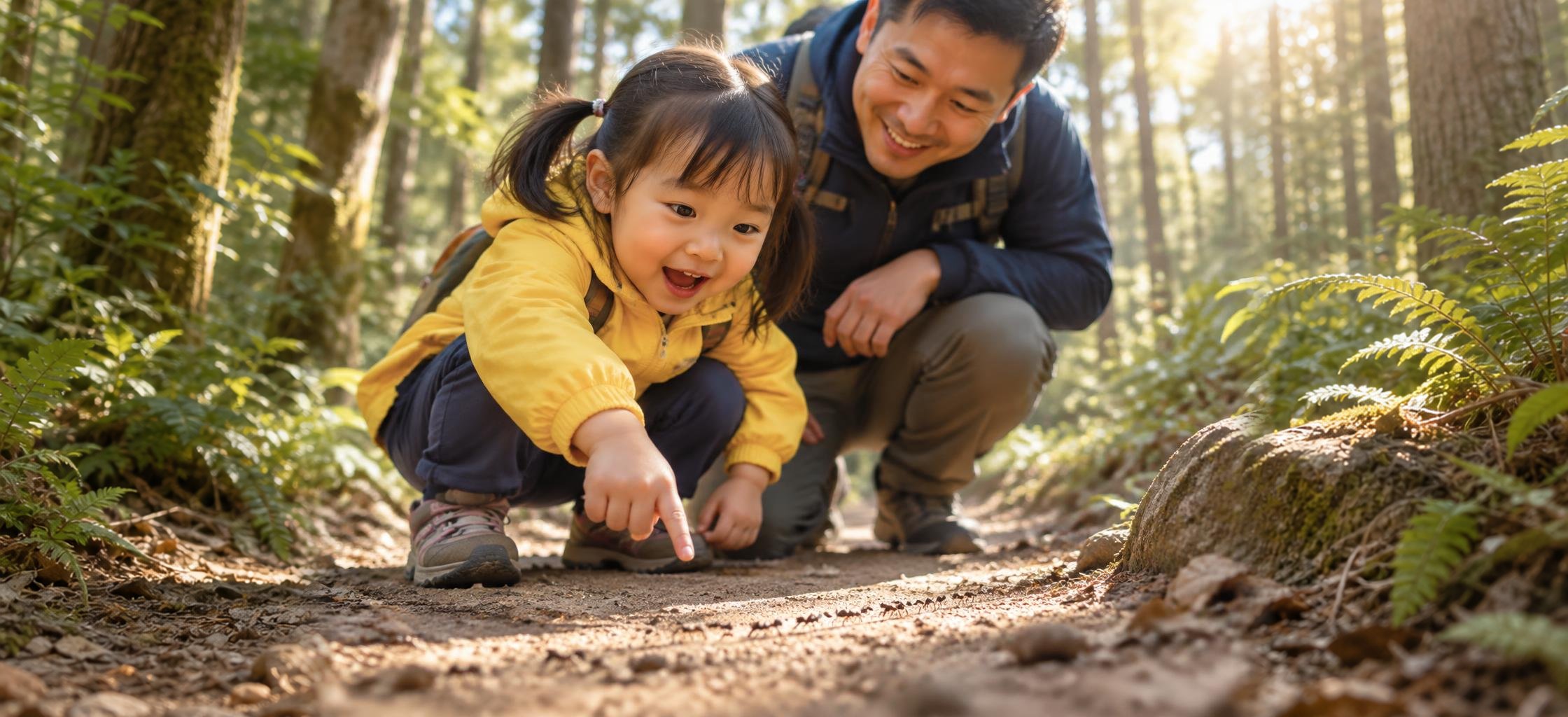 A father and daughter kneeling on a forest trail, the child pointing at a trail of ants